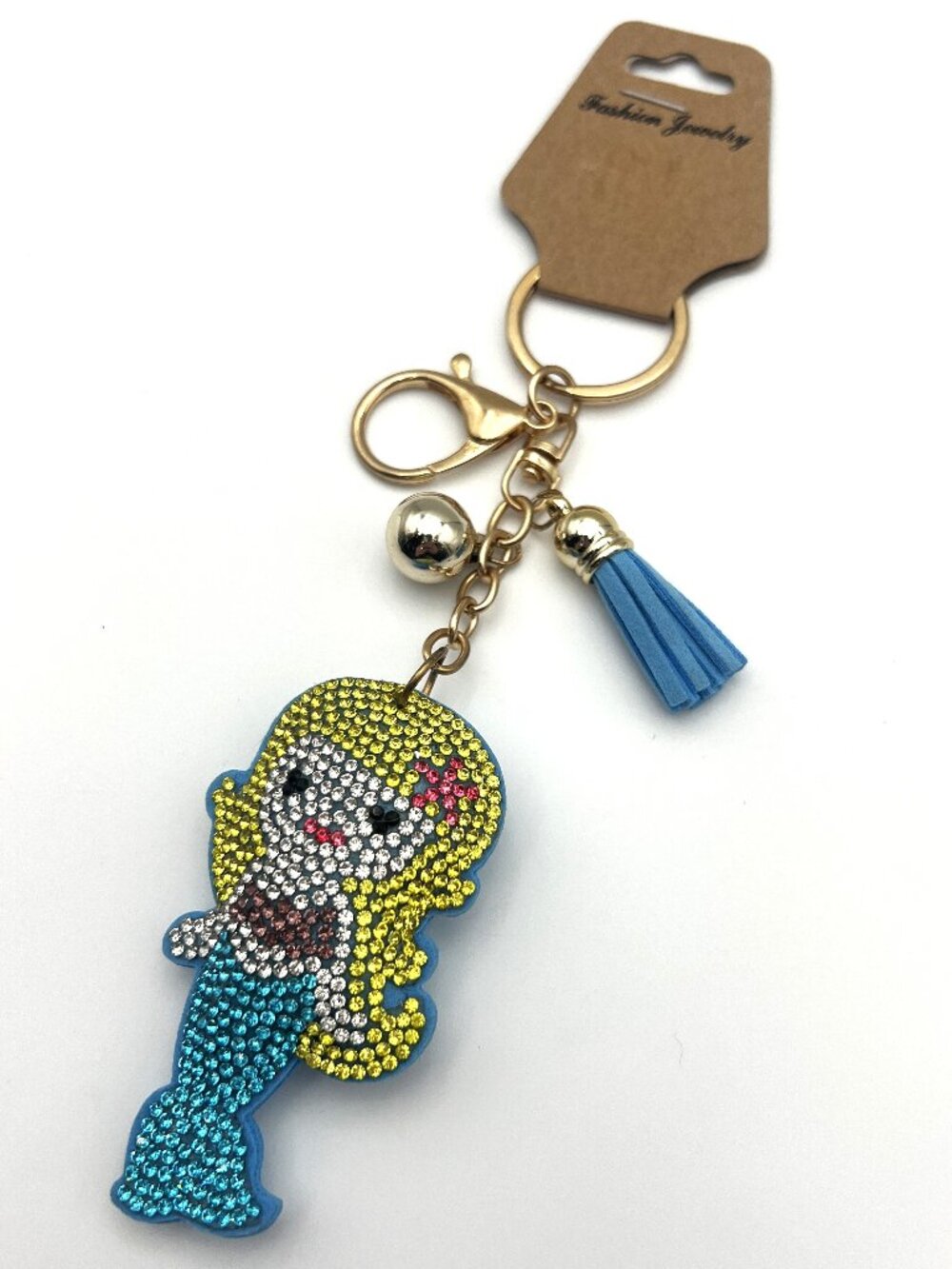 Bling Mermaid Puffy Keychain Rhinestone Purse Charm Backpack Clip Tassel Gold
